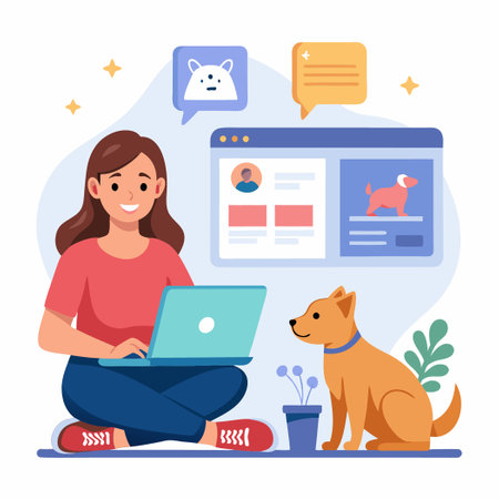 Woman Working on Laptop with Pet Store Homepage in Backgroundのイラスト素材