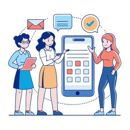 Social Media Marketing Team of Women Collaborating Near Smartphoneのイラスト素材