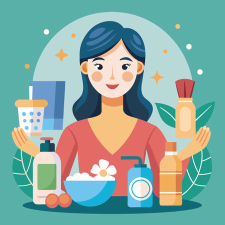 Young Woman Demonstrating a Comprehensive Skincare Routine for a Radiant Complexionのイラスト素材