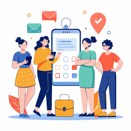 Team of Female SMM Marketing Professionals Strategizing Near a Smartphoneのイラスト素材