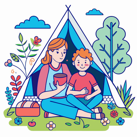 Serene Summer Afternoon in the Garden: Mother and Son's Backyard Oasisのイラスト素材