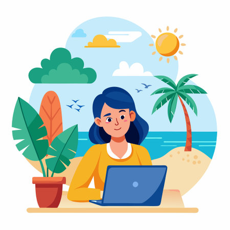 Young Girl Dreaming of a Serene Vacation in a Tropical Paradiseのイラスト素材