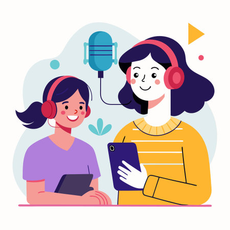 Young Woman Listening to Podcast while her Child Uses a Smartphoneのイラスト素材
