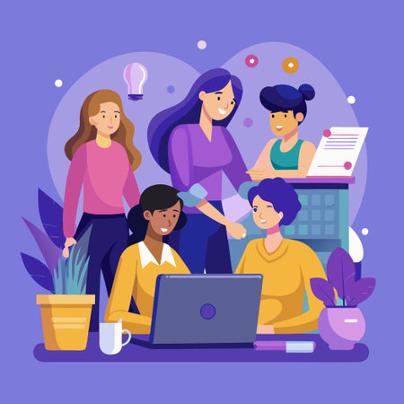 Women Collaborating on Skill Development in a Modern Tech Workplaceのイラスト素材