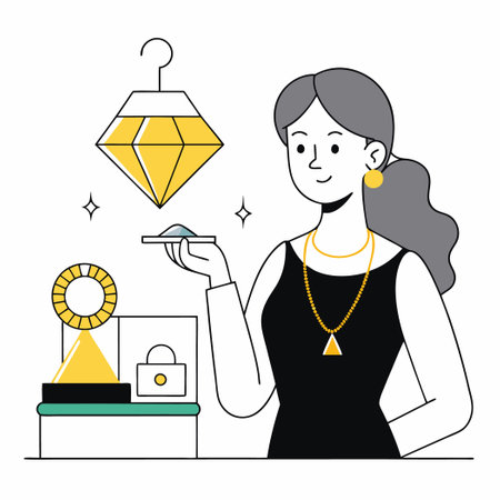 Young Girl Selects Golden Necklace at Jewelry Shop with Admirationのイラスト素材