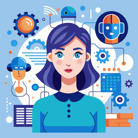 Young Girl Nea Interacting with an Artificial Intelligence Helperのイラスト素材