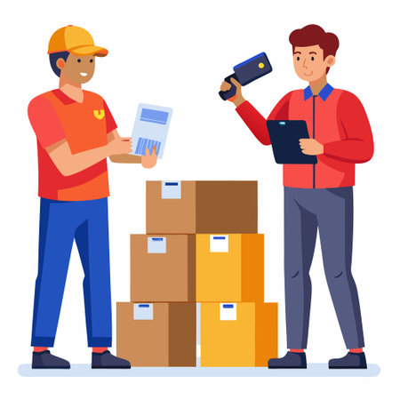 Warehouse Workers Using Barcode Scanners for Efficient Inventory Managementのイラスト素材