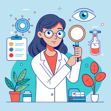 Female Healthcare Professional Helping a Woman Choose Glasses in a Medical Settingのイラスト素材