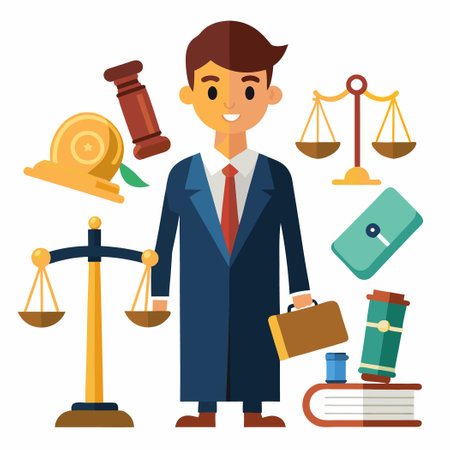 Man facing legal consequences with gavel and scales symbolizing justiceのイラスト素材