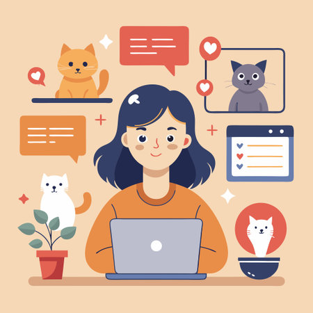 Young Girl Sending Photos of Herself with Animal Friendsのイラスト素材