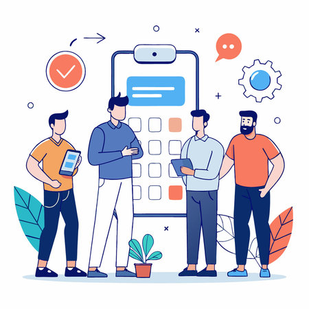 SMM Marketing Team Men Using Smartphone for Social Media Campaignのイラスト素材