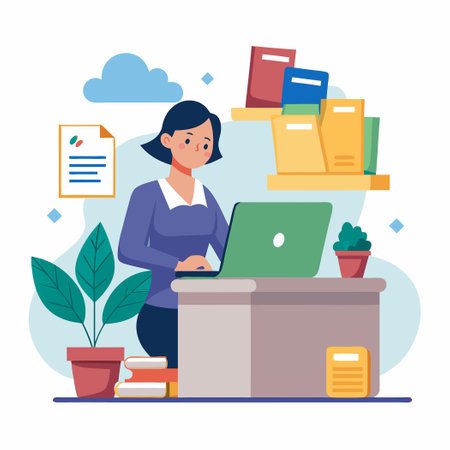 Young Girl Deletes Old Data Files from a Laptopのイラスト素材