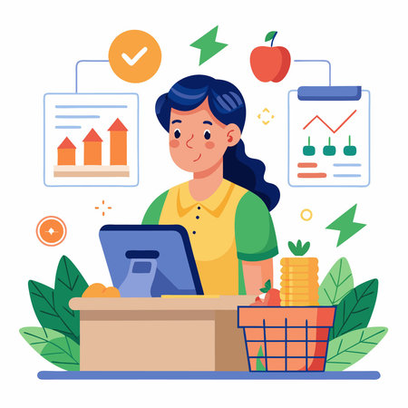 Young Girl Contemplating Rising Prices with Concerned Motherのイラスト素材