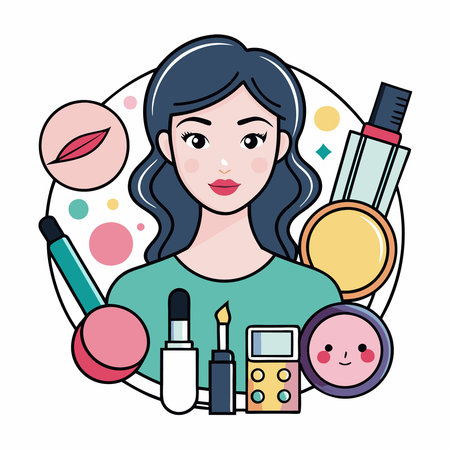 Women Beautifying Themselves with Makeup Products Including Powder Palettesのイラスト素材