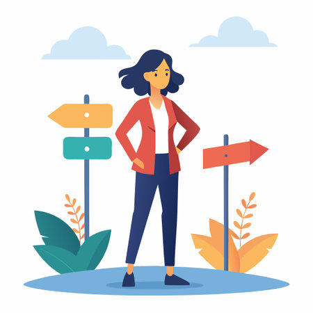 Young Girl Considers Her Path at a Fork in the Roadのイラスト素材