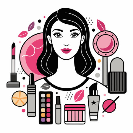 Young Women Applying Makeup Next to a Powder Paletteのイラスト素材