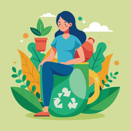 Young Eco-Conscious Girl Relaxing on Giant Reusable Mugのイラスト素材