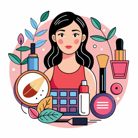 Girls Experimenting with Makeup Products near Makeup Palettesのイラスト素材