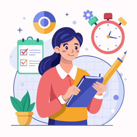 Young Woman Strategizing with Planning Concept Boardのイラスト素材