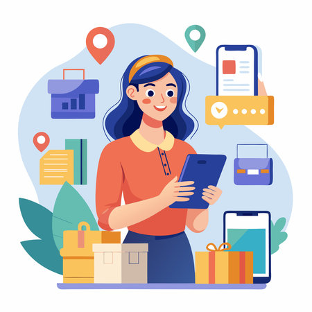 Young Girl Accompanying Woman Shopping Online with Smartphoneのイラスト素材