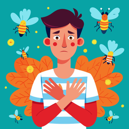 Young Man Experiencing Allergic Reaction to Bee Sting on His Faceのイラスト素材