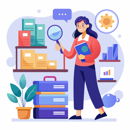Archivist Woman Utilizing Magnifying Glass for Online Research in Archival Documentsのイラスト素材