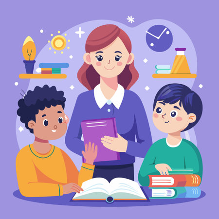 Boy with Dyslexia Receives Dedicated Support from Teacher and Reading Specialistのイラスト素材