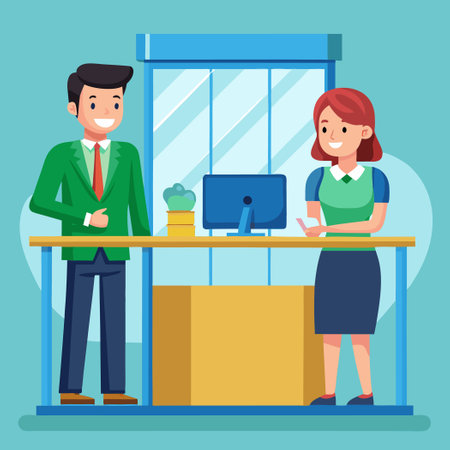 Bank Tellers Assisting Customers with Plastic Pa Transactionのイラスト素材