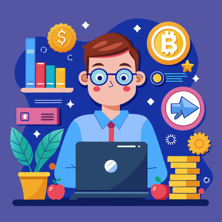 Cryptographer Unveiling the Enigma of Blockchain Technology with Computerのイラスト素材