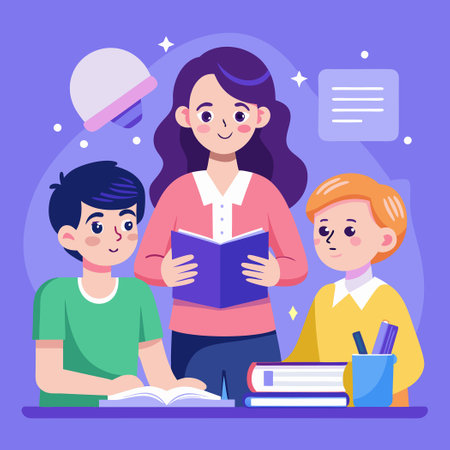 Young Boy with Dyslexia, Teacher Providing Reading Support in Classroomのイラスト素材