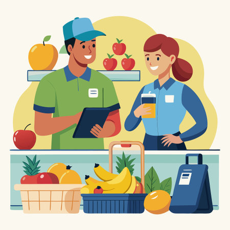 Male Employee Using Barcode Reader to Scan Fruits for Accuracy Verificationのイラスト素材