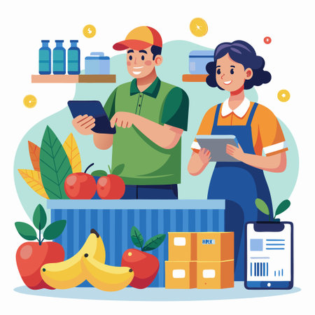 Advanced Barcode Scanner for Produce Inventory with Male Operatorのイラスト素材