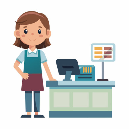 Young Cashier Girl Working at a Cash Register in a Storeのイラスト素材