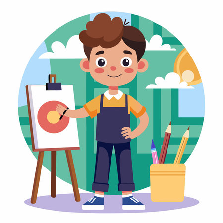 Young Artist in the Making: Boy with Brush Near Canvasのイラスト素材
