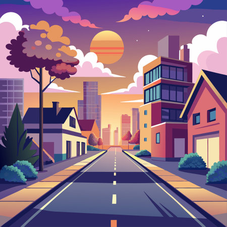 Tranquil City Street at Sunset in Summertime Los Angeles Cityscapeのイラスト素材