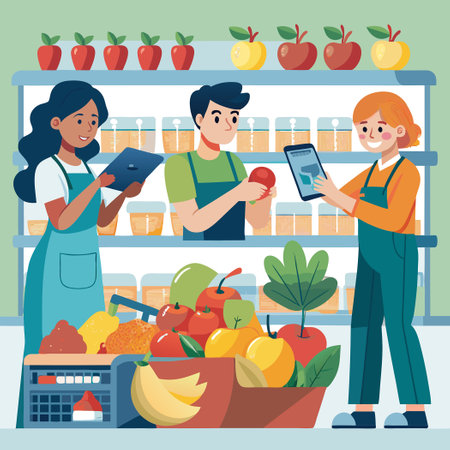 Man Scanning Fruits with Barcode Reader to Check Prices and Nutritional Informationのイラスト素材