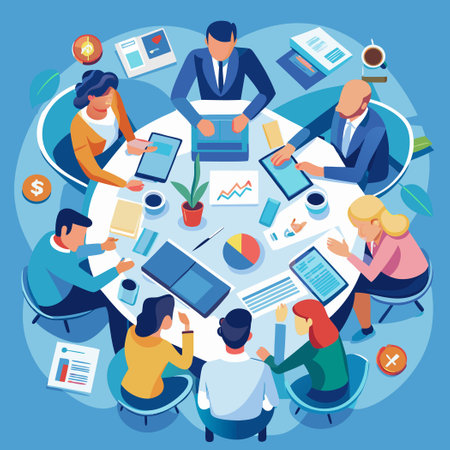 Business Meeting in Progress: Office Employees Collaborating on Project at Deskのイラスト素材