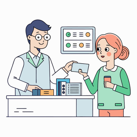 Man and Woman Buying Prescription Glasses at Optics Storeのイラスト素材