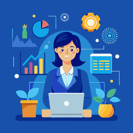 Young Businesswoman with Laptop Works Diligently at Tableのイラスト素材