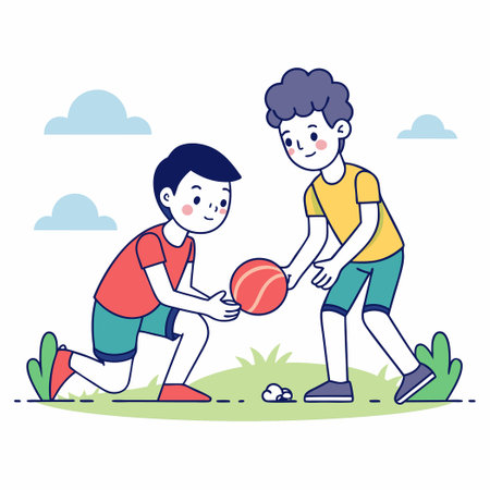 Two Young Boys Playing with a Ball in the Park on a Bright Sunny Dayのイラスト素材