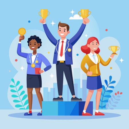 Victory Celebration: Champions on Pedestal with Male Trophy Winner and Female Competitorsのイラスト素材