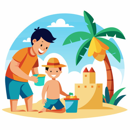 Boy Building an Impressive Sandcastle on the Sunny Beachのイラスト素材