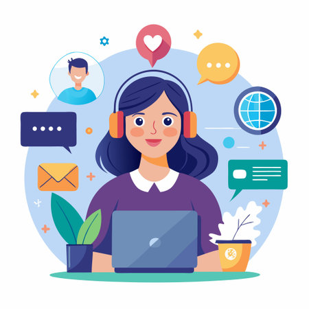 Female Customer Support Agent Provides Support and Assistance over Headset Microphoneのイラスト素材