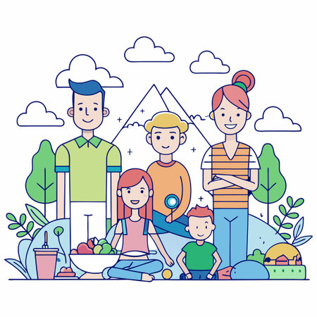 Happy Family with Boy and Girl Gathering for Outdoor Reunionのイラスト素材