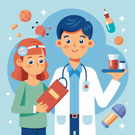 Young Male Patient Undergoing Ear Examination by Doctor in Medical Settingのイラスト素材