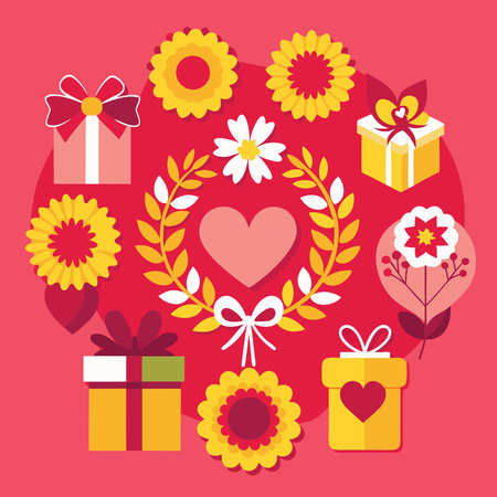 Festive Happy Mother's Day Wreaths with Red, Yellow, and Floral Accentsのイラスト素材
