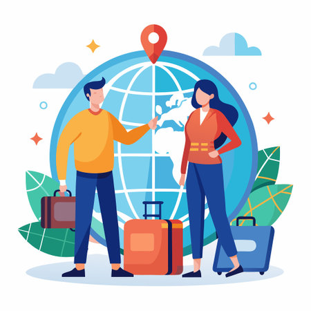 A Couple of Travelers Embarking on Their Journey with Suitcases in Towのイラスト素材