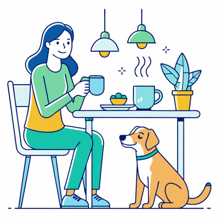 Woman in Petticoat Sips Coffee While Dining with Dog Indoorsのイラスト素材