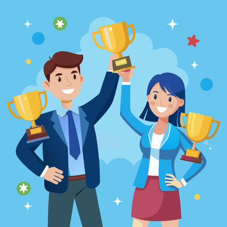 Jubilant Winners: Man and Woman Celebrating Success with Golden Trophyのイラスト素材