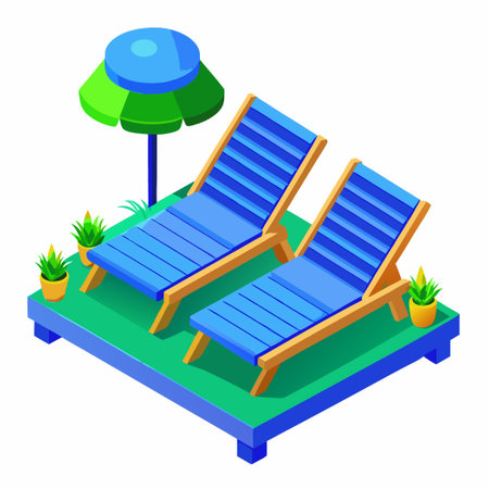 Isometric Concept of Two Blue Sun Loungers in a Garden Settingのイラスト素材